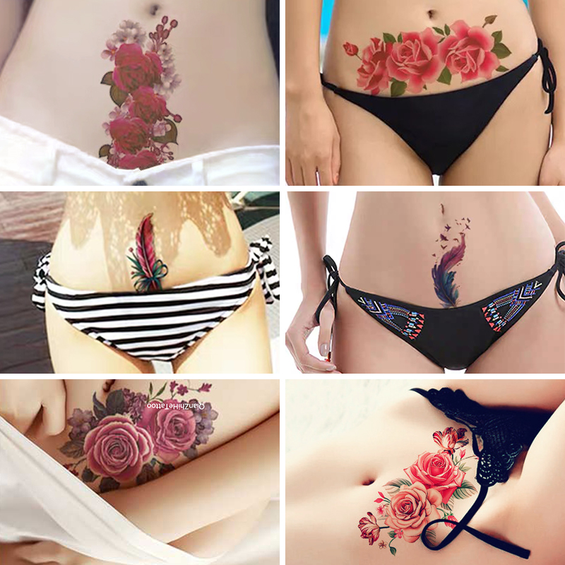 剖腹产遮疤痕纹身贴防水女性感玫瑰花羽毛腹腰部贴纸妊娠