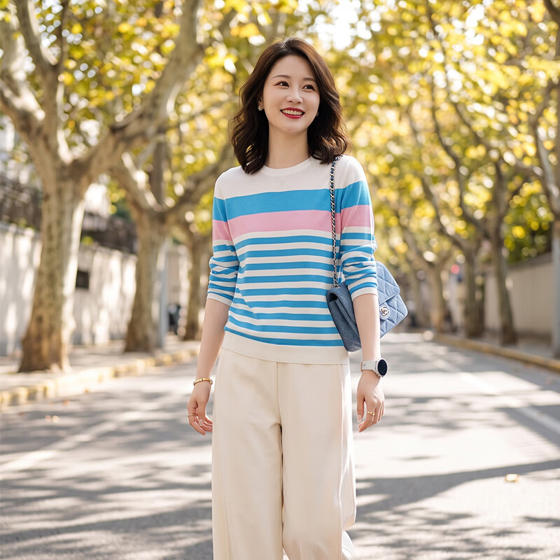 欣依朵天丝莱赛尔气质优雅百搭条纹针织衫女2026秋冬季宽松减龄长袖上衣 条纹爆款【专柜品质】 XL 【130-155斤】 京东折扣/优惠券