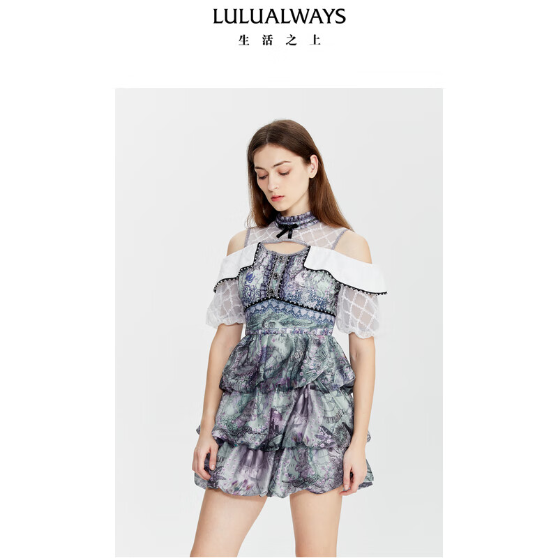 LULUALWAYS夏季新款时尚休闲优雅网纱圆领镂空露肩短款连衣裙 绿色 L