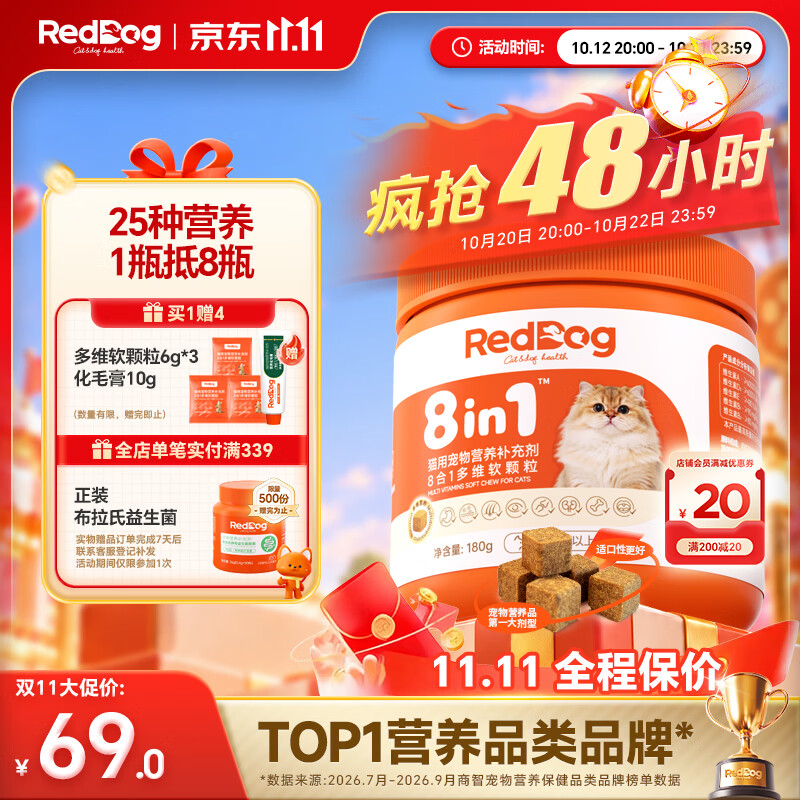 红狗【宠物金选】猫咪维生素软颗粒180g(约120粒) 猫多维鱼油乳钙8合1