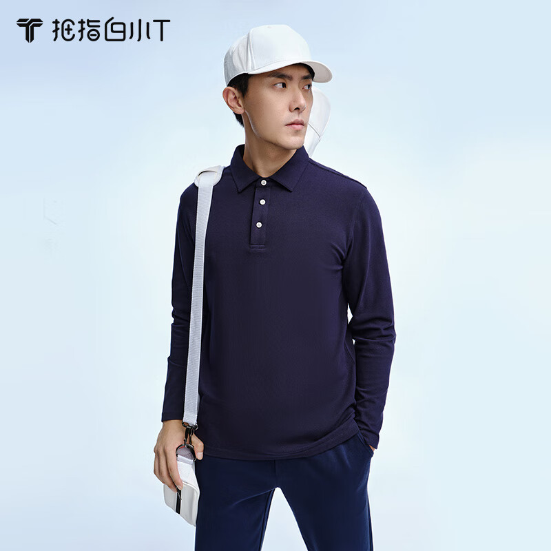 拇指白小T秋冬长袖POLO衫翻领男士商务休闲纯色上衣透气打底衫 藏青色 L 