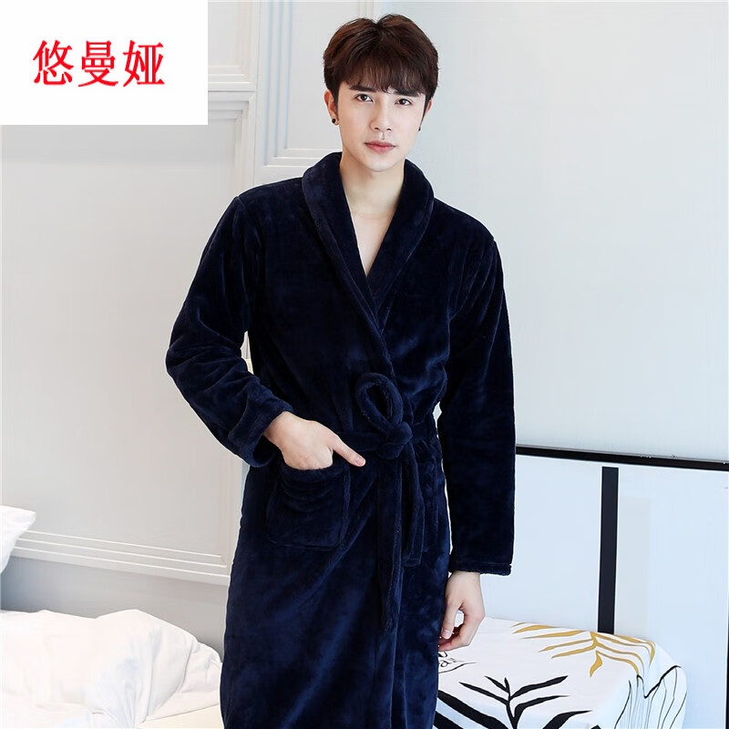 悠曼娅秋冬季加厚法兰绒浴袍睡衣男女士珊瑚绒睡袍子装浴衣情侣家居服 深灰女 L(适合95-135斤)