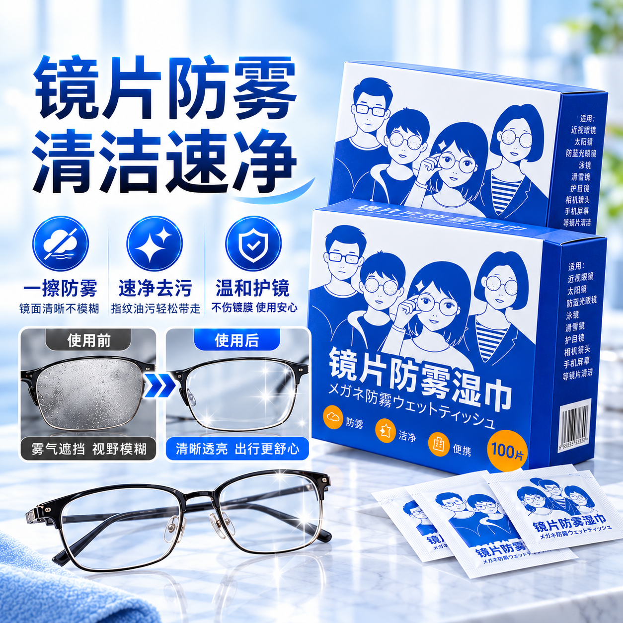 ZYVI日本眼镜清洁湿巾防雾湿巾一次性眼镜布手机镜头除雾清洁湿巾便携 100片*3盒【防雾款】眼镜清洁湿巾