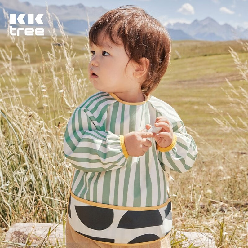KocotreeKK树宝宝吃饭围兜婴儿辅食罩衣防水饭兜幼儿园反穿衣一体式防脏污 萨利青 M 身高80-95cm，大约1-2岁