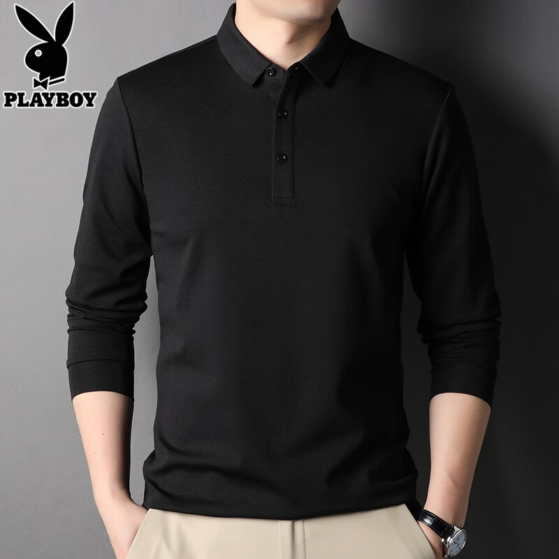 花花公子(playboy)春秋季桑蚕丝男士长袖t恤中年商务休闲爸爸装打底衫