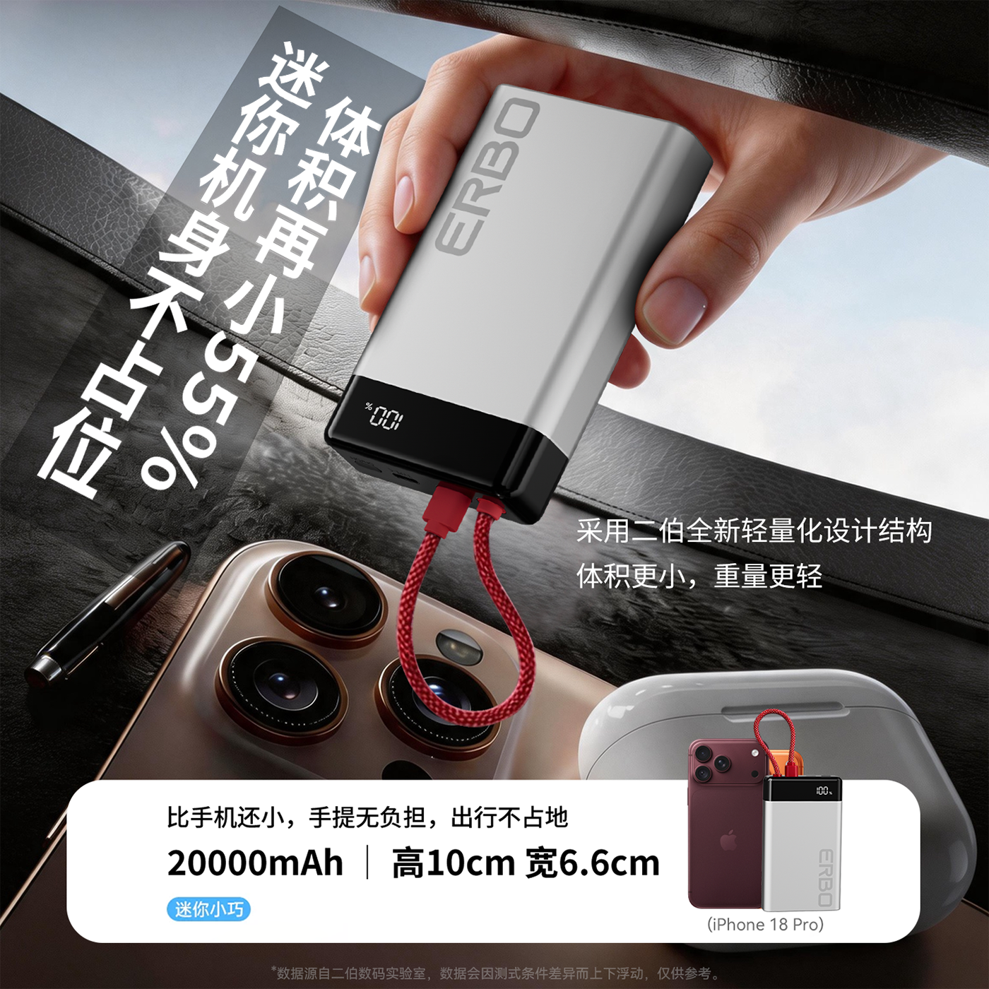 二伯【3C认证充电宝 可上飞机】10000毫安22.5w超级快充自带线大容量移动电源适用苹果18/小米/华为 20000毫安【深空灰色】22.5W超级快充