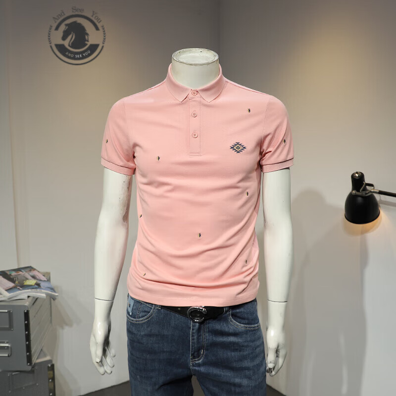 品牌男士短袖polo衫 夏季新款凉感轻商务保罗衫潮流休闲透气衣服 粉色