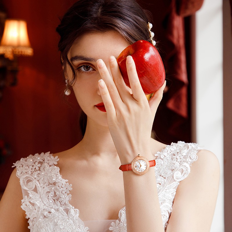 爱沃驰瑞士达芬奇系列璀璨星空轻奢石英手表女士表七夕生日礼物送女友 玫壳白盘|红皮带