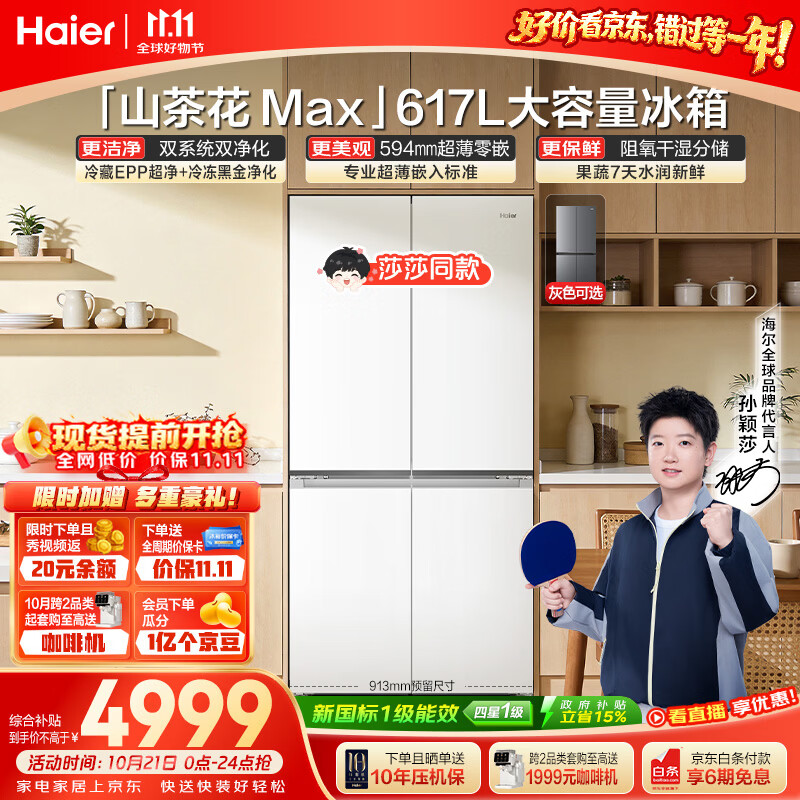 海尔【莎莎同款】山茶花MAX617L十字门冰箱双系统除菌超薄零嵌新国标一级能效BCD-617WGHTDB9VBU1国补