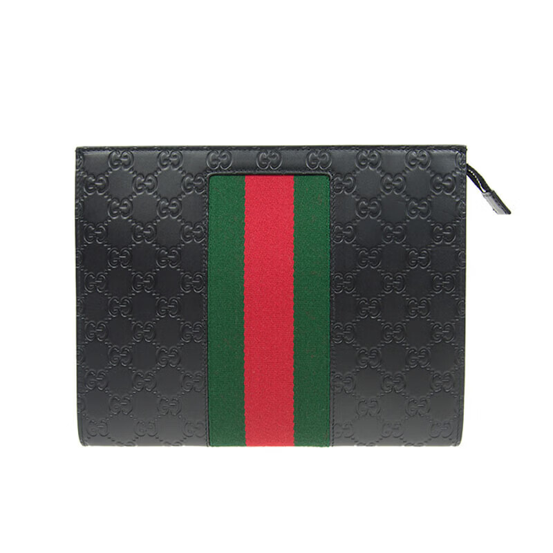 古驰（GUCCI）GG印花男士手拿包 古奇经典条纹织带拉链手袋 男包 父亲节礼物 黑色 475316（1060） 尺寸：长26*宽6*高20cm 配品牌盒