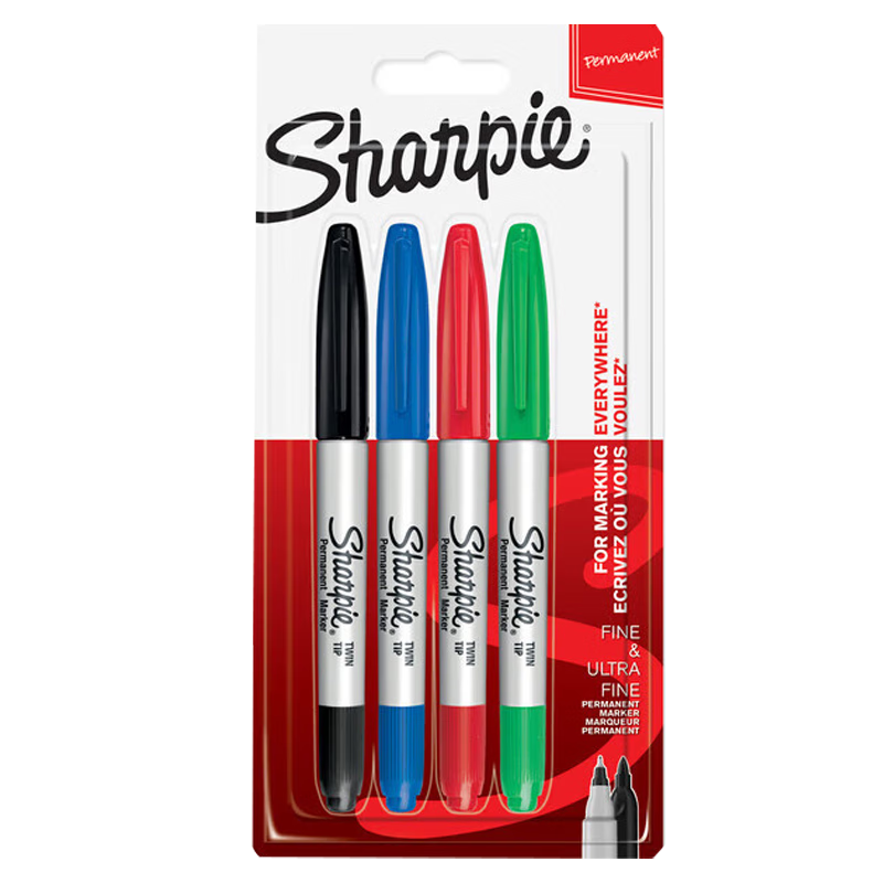 銳意（Sharpie）雙頭細(xì)0.5mm寬2.5mm黑紅藍(lán)綠四色油性馬克筆四支吊卡裝防水防褪色速干記號(hào)美術(shù)寫生