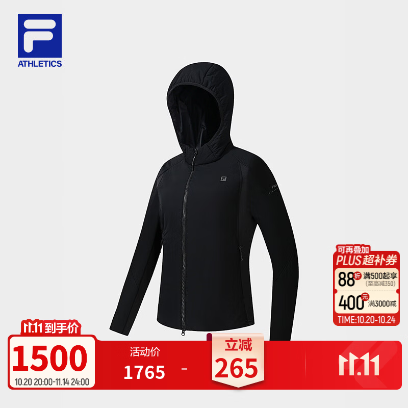 FILA 斐乐官方女士棉服2026冬新款修身保暖连帽上衣健身运动外套 深黑-BK L 170/88A/L