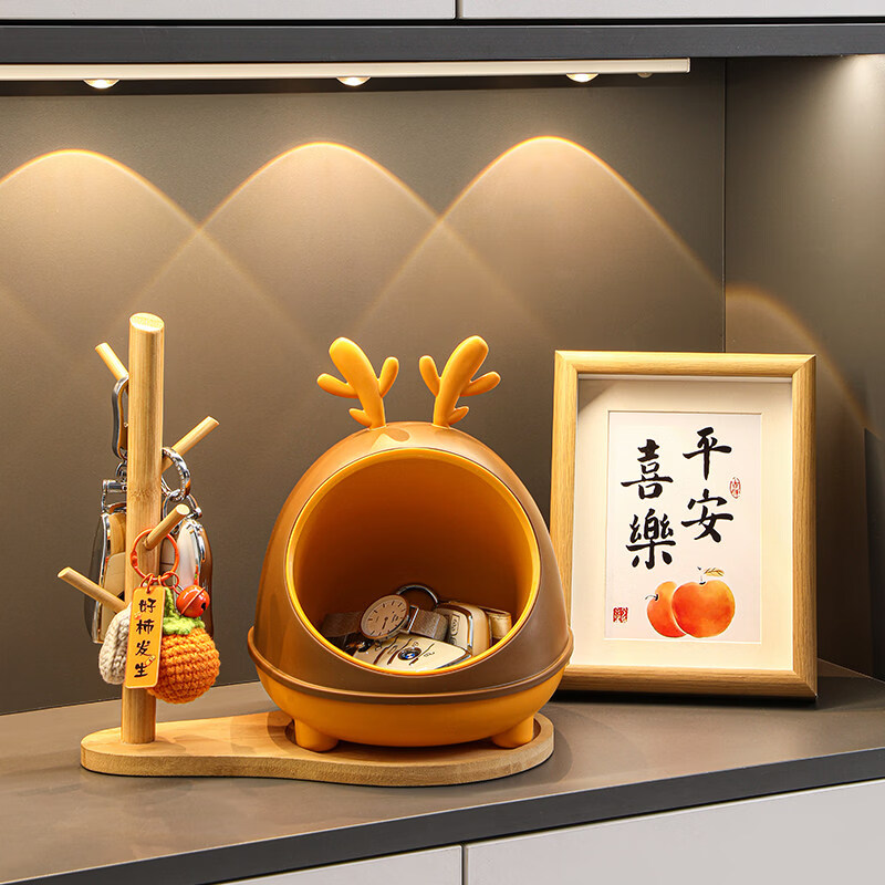 小鹿玄关钥匙收纳盒摆件入户门口鞋柜客厅家居装饰品乔迁新居礼物 小鹿收纳盒+(平安喜乐)陶瓷圆盘