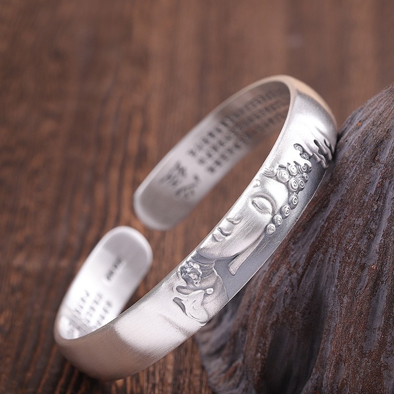 宋美人 半面佛银手镯男女百搭 999足银心经镯子民族风如来佛护身银