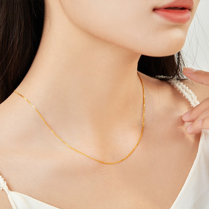 中國黃金（CHINA GOLD）18K金項鏈素鏈鎖骨鏈肖邦鏈K金鏈子百搭款送女友 黃K金鏈（約1g）