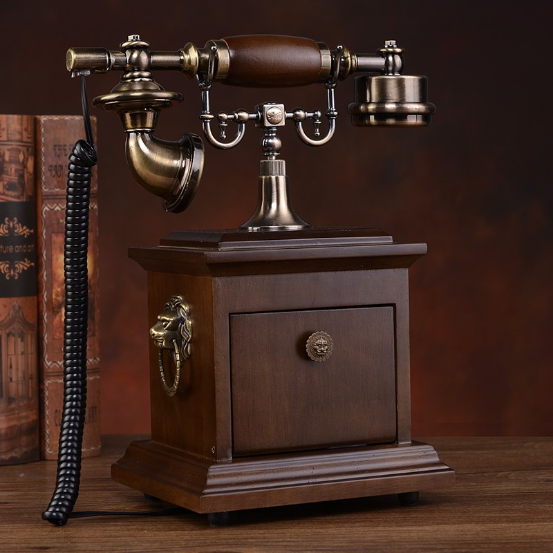 欧式电话机实木仿古家用座机美式古董电话机时尚复古无线电话蒂雅菲 普通版：咖色皮绳