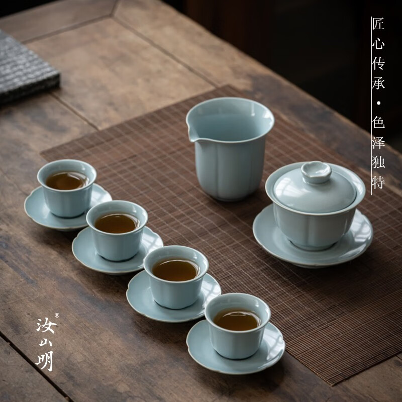 汝山明 六瓣葵口盖碗茶器套组 三才盖碗 礼品茶具 汝瓷茶具 汝窑开片