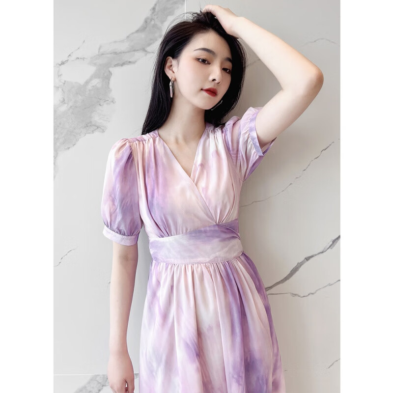 祈珏剪标款荣太 法式雪纺梦幻扎染连衣裙女夏季一片式交叉绑带短袖裙