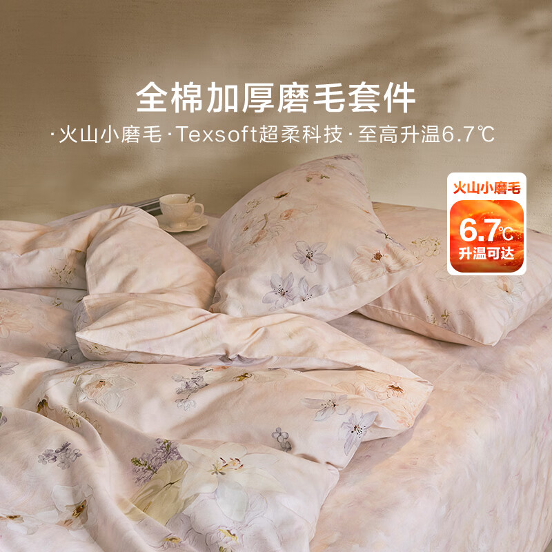 罗莱家纺全棉磨毛四件套100棉纯棉三件套秋冬保暖床上用品 全棉火山小磨毛 | 梦境幽兰 1.8米/四件套 床单款 （220*250cm）