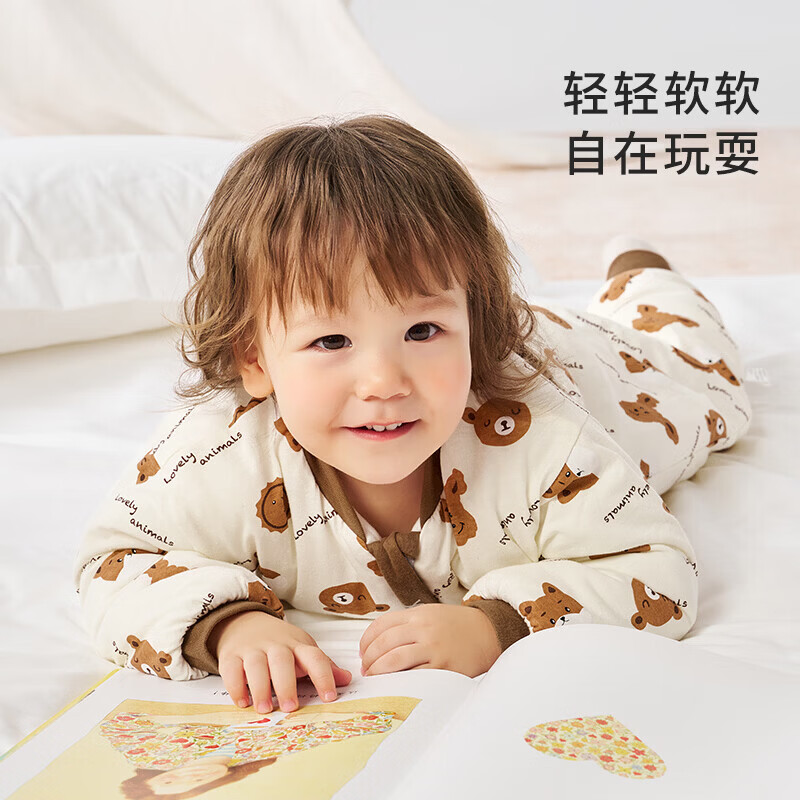 木木屋(mumuwu)婴儿睡衣秋冬男宝女宝分腿式加厚睡袋新生儿夹棉防踢被透气保暖 棕色熊熊 80cm
