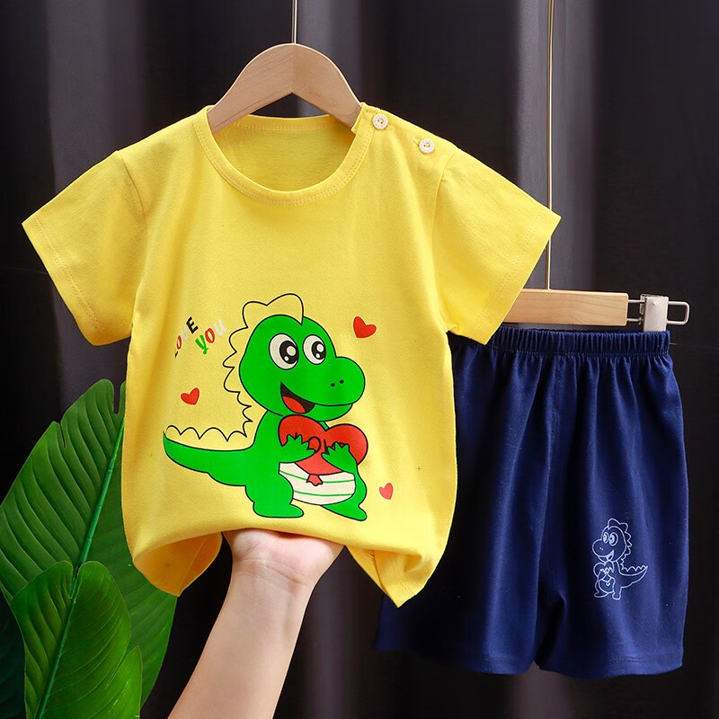 专一（Zhuanyi）男女童短袖套装纯棉夏季儿童T恤宝宝短袖短裤套装 短套-爱心萌龙 90cm