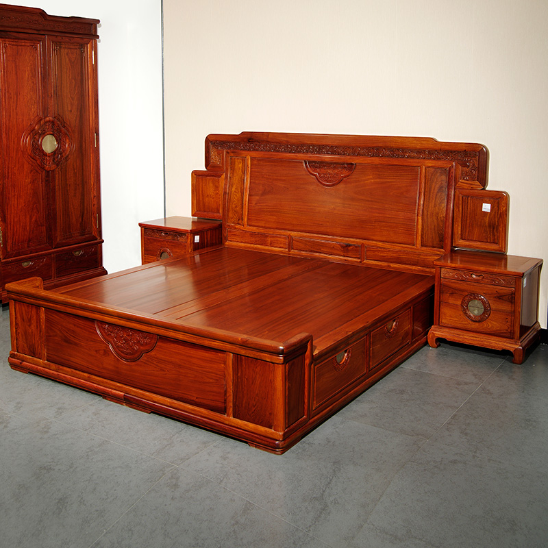 锦名园 红木家具缅甸花梨(学名:大果紫檀)实木双人床床榻卧室婚床中式