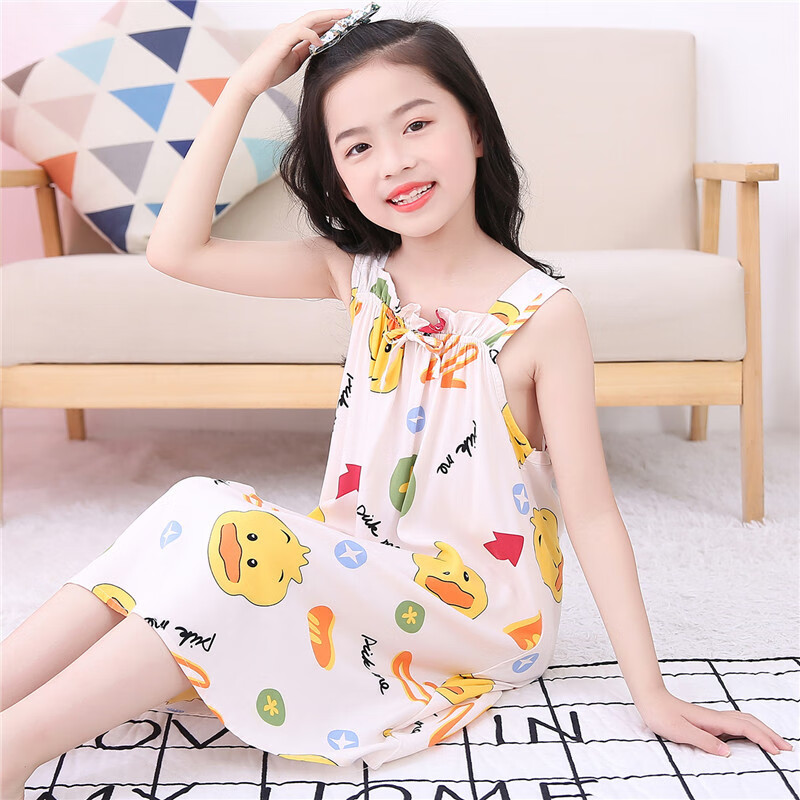 飾雯女童睡裙夏季薄款棉綢公主吊帶裙兒童裙子小大女孩無袖睡衣家居服 睡裙小鴨子 65號建議穿90cm