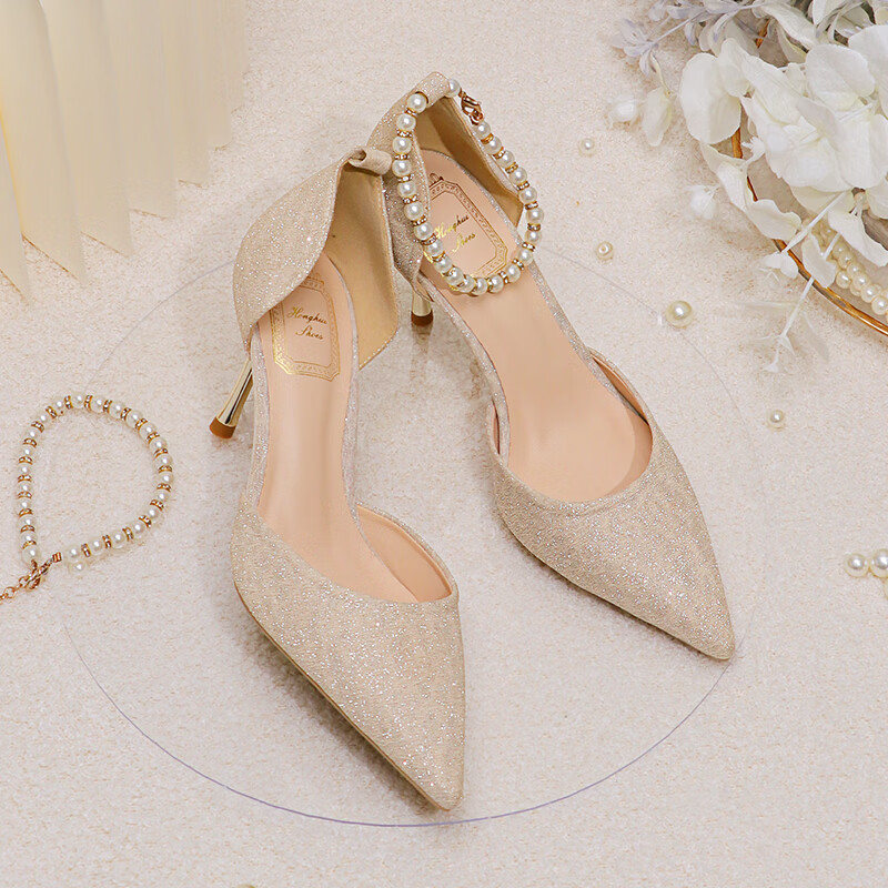 一字扣高跟鞋女单鞋细跟法式香槟色伴娘仙女风婚鞋 香槟色(8厘米跟高)