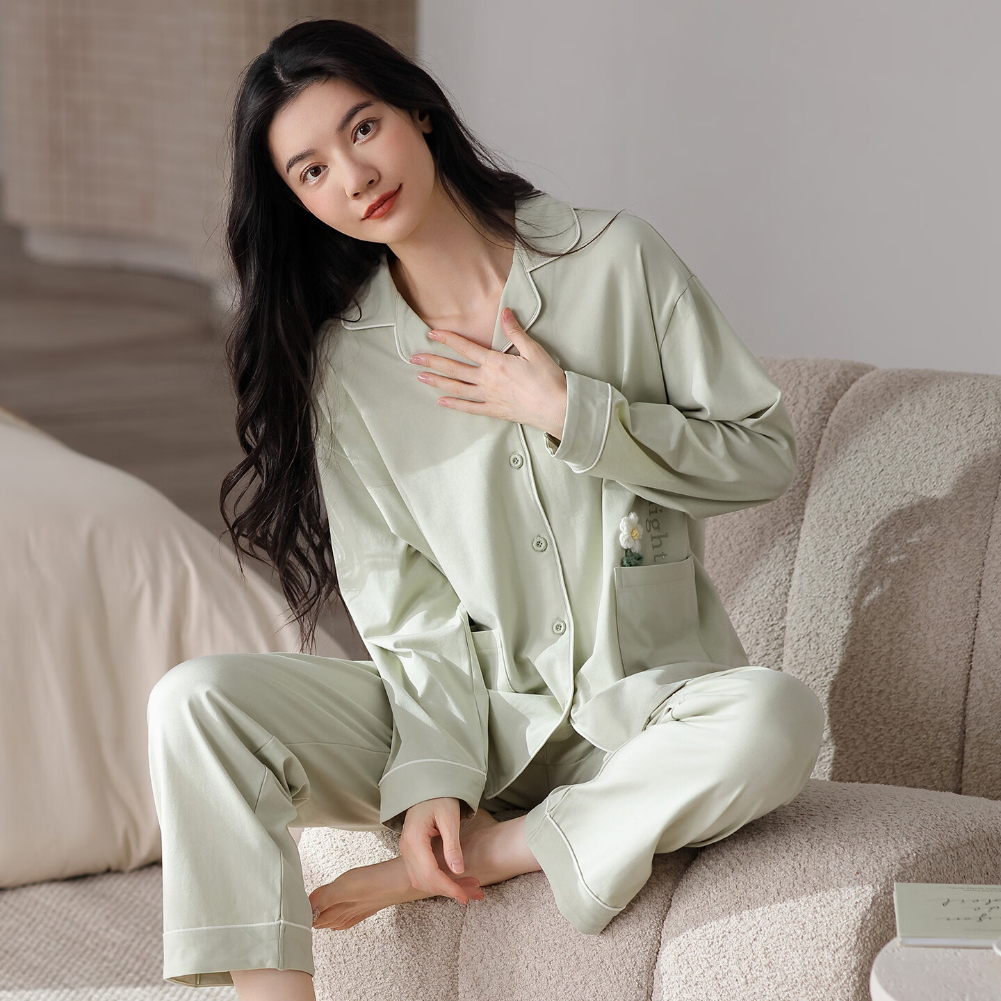 欧迪芬纯棉睡衣女款秋季翻领简约长袖长裤宽松舒适可外穿家居服套装 竹绿 2XL 【建议140-160斤】