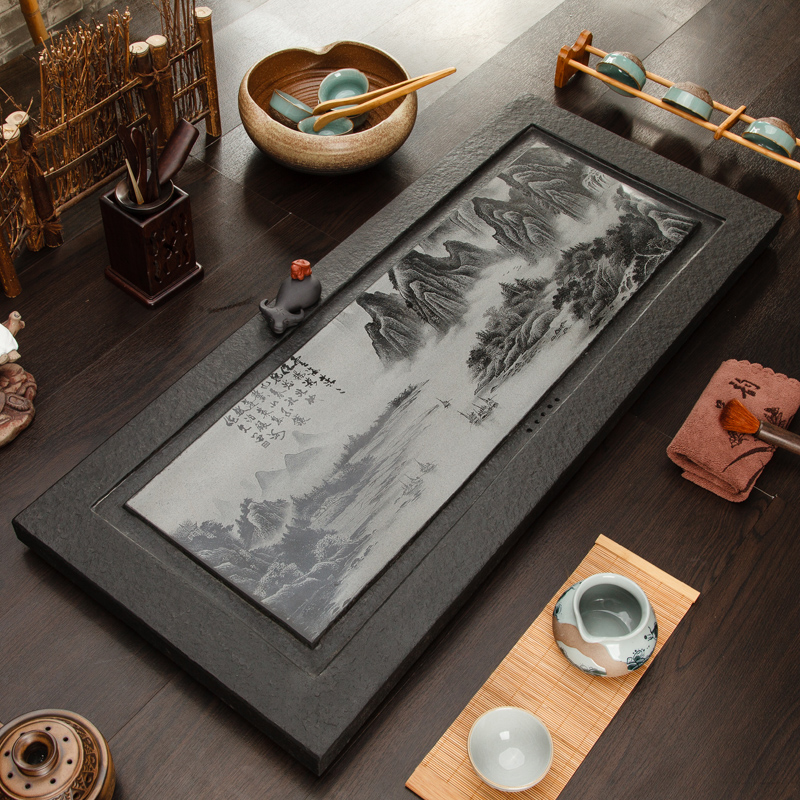 整块原石家用办公送礼茶台茶托大号石头茶海排水功夫茶具石盘 尺寸:50