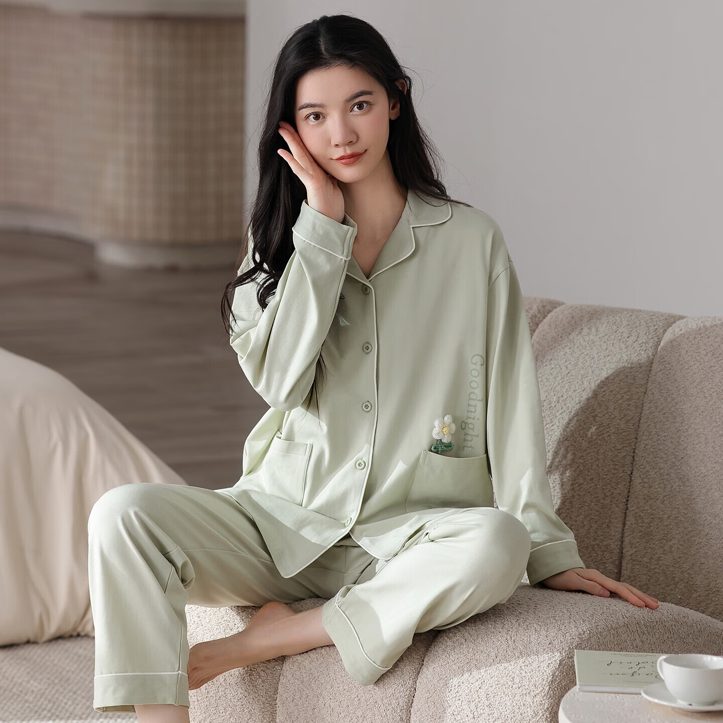 欧迪芬100%纯棉睡衣女款2026新款长袖长裤宽松舒适可外穿家居服套装 竹绿 L 【建议100-120斤】