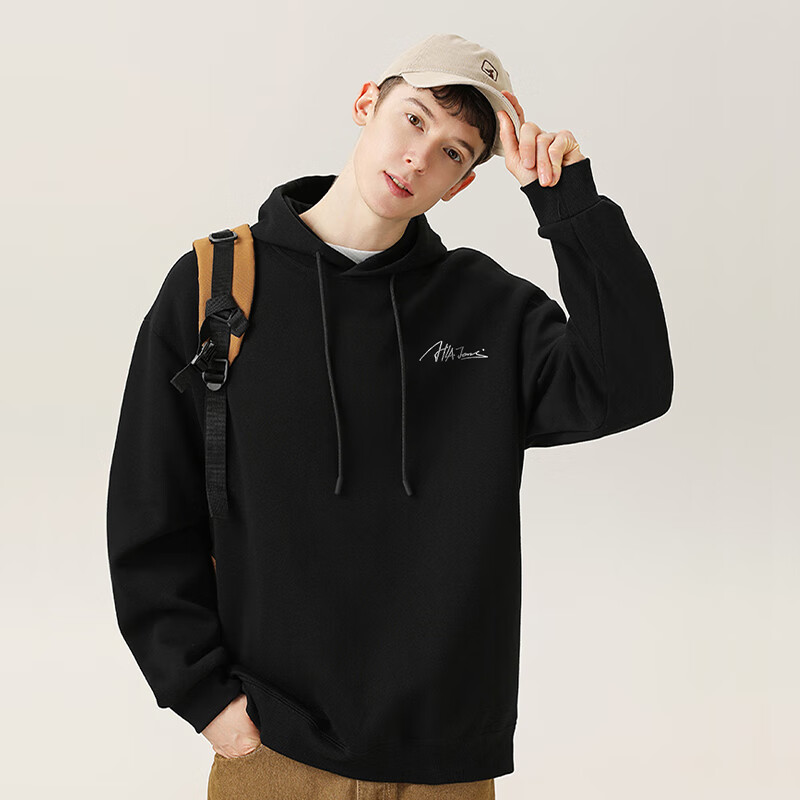 黑鲸海澜之家旗下潮牌春秋季连帽卫衣男宽松休闲帽衫外套 黑色 M
