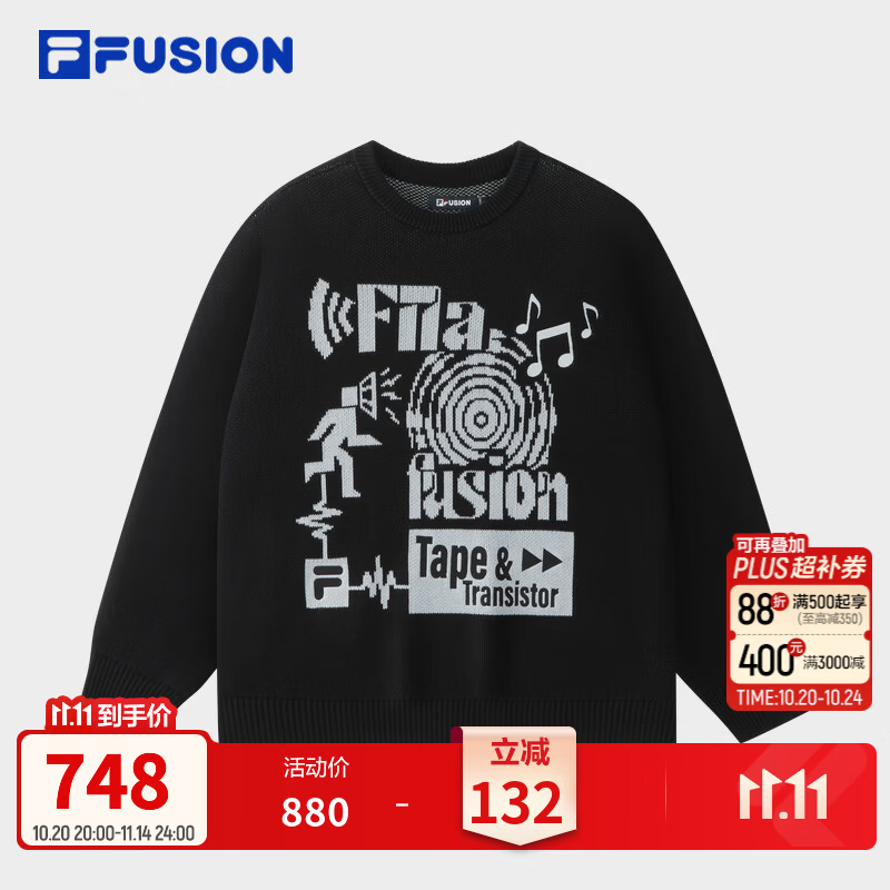 斐乐 【章昊同款】编织衫 I FILA FUSION全棉编织衫26冬新男套头毛衣 正黑色-BK L 175/96A/L