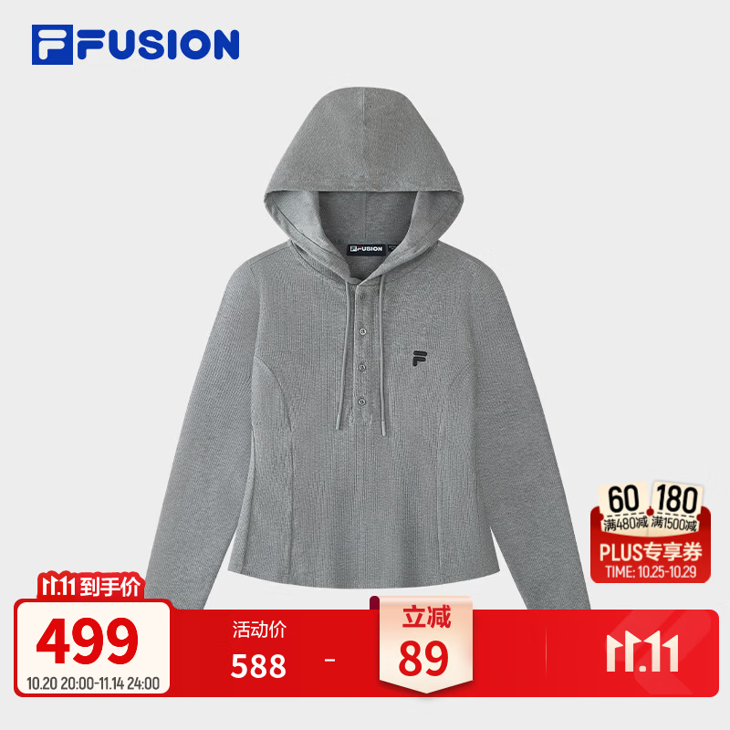 FILA FUSION斐乐潮牌针织长袖衫26秋季新款女子连帽上衣修身长T 花灰色-MG S 160/80A/S
