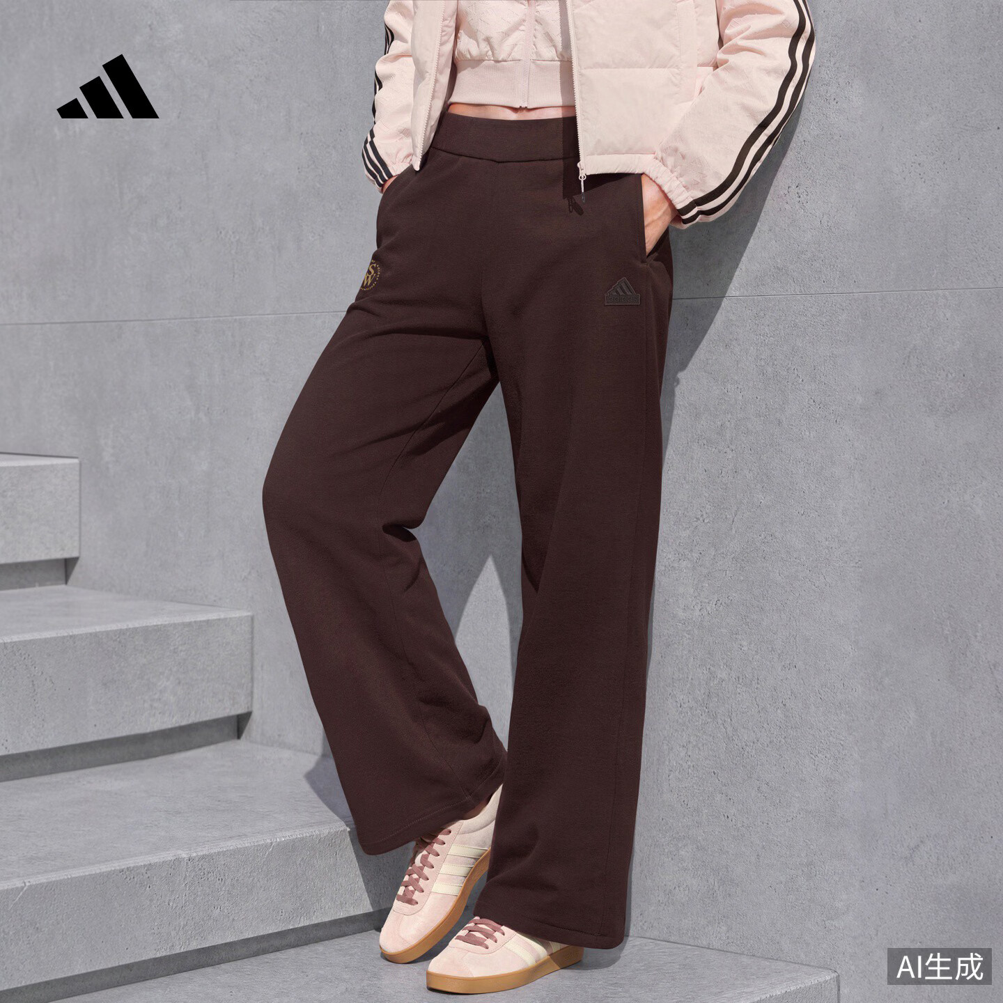 adidas休闲加绒针织运动裤垂感裤子女装秋季阿迪达斯轻运动 暗棕   M  