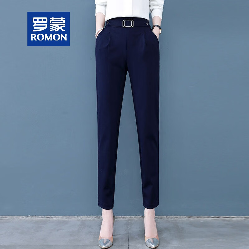 罗蒙旗舰官方店深蓝色西裤女春秋2021高腰显瘦职业烟管裤今年新款裤子
