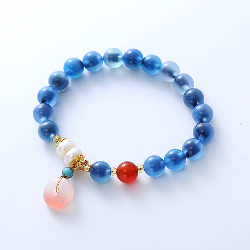 韩裴内思新款糖心玛瑙手链女串珠盐源平安扣手串珍珠手饰 蓝色