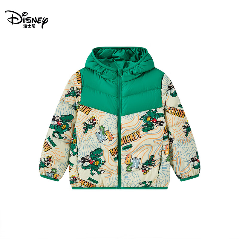 迪士尼（Disney）童装男女童连帽羽绒服2026秋冬新款90绒时尚拼接轻薄保暖上衣外套 绿色 140 【建议身高130-140cm,体重56-68斤】