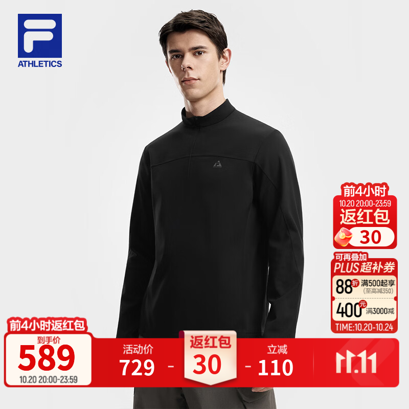 斐乐（FILA）【王安宇同款】长袖T恤｜26秋季新款男士针织户外运动半拉链长T 深黑-BK XL 180/100A/XL