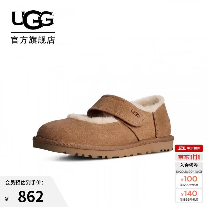 UGG秋季新款女士魔术贴休闲芭蕾玛丽珍毛毛鞋1184232CHE|栗色36