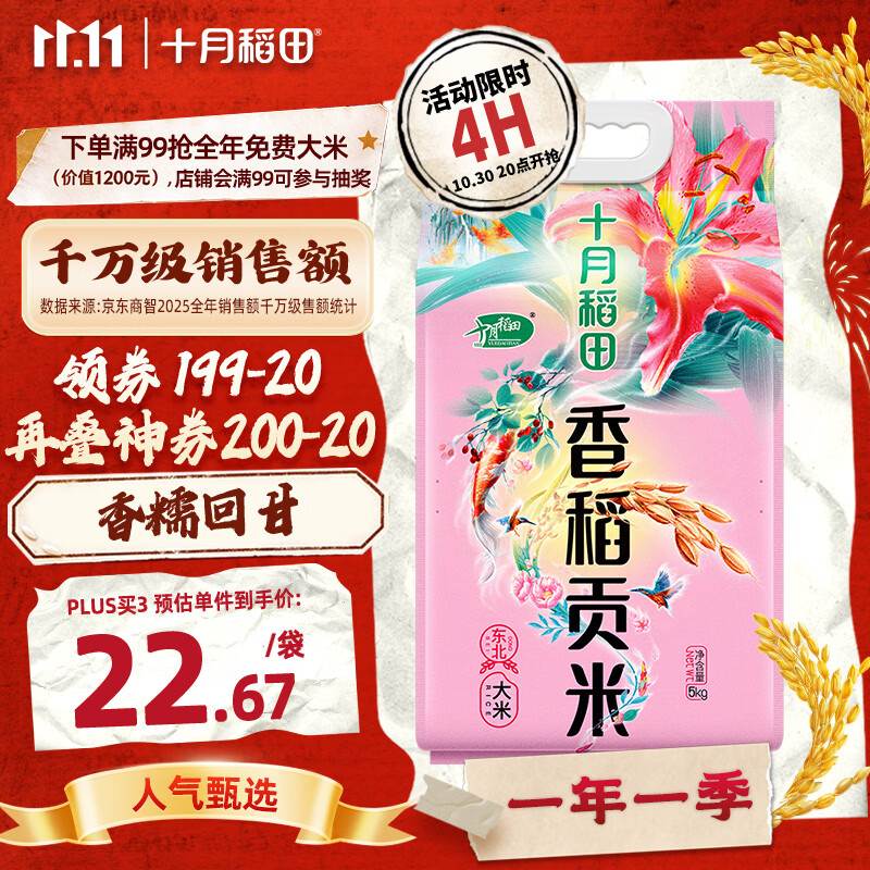 十月稻田东北大米10斤，叠加优惠后仅需15.21元