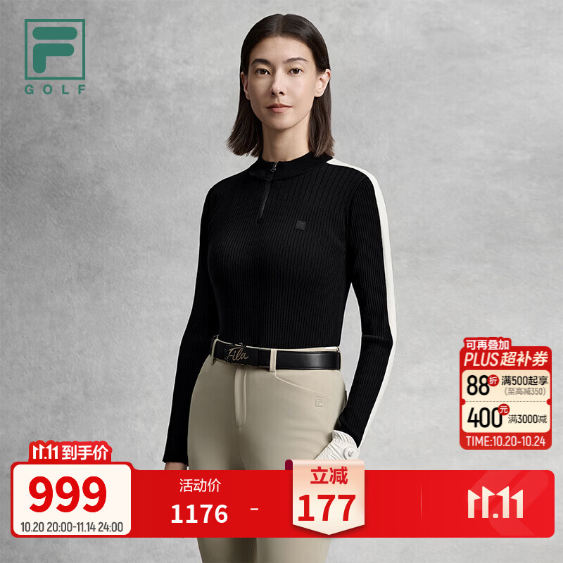 FILA斐乐编织衫26冬新款女士高尔夫运动简约修身套头毛衣 深黑-BK M 165/84A/M