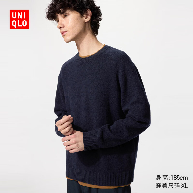 优衣库柔软绵羊毛圆领针织衫/长袖男装女装/毛衣毛衫486071 69 藏青色 L