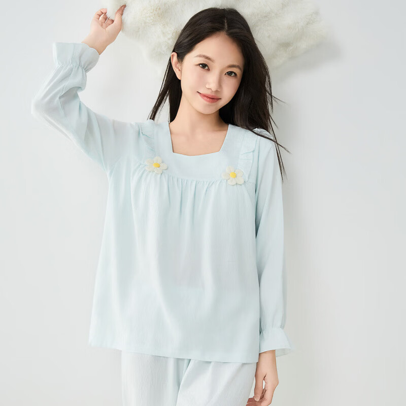 香蜜闺秀(GOSO)【自带胸垫】睡衣女士春秋长袖套头感亲肤可外穿家居服套装 浅蓝 M