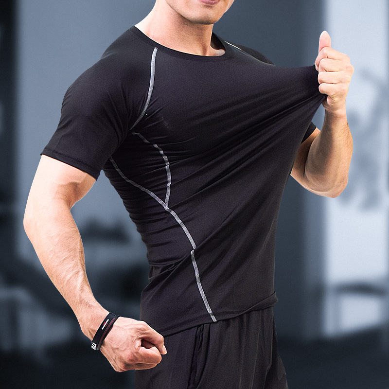 范迪慕 运动T恤男健身服运动跑步速干透气健身房短袖上衣 FNZ9001-黑色拼线-单件短袖-XL