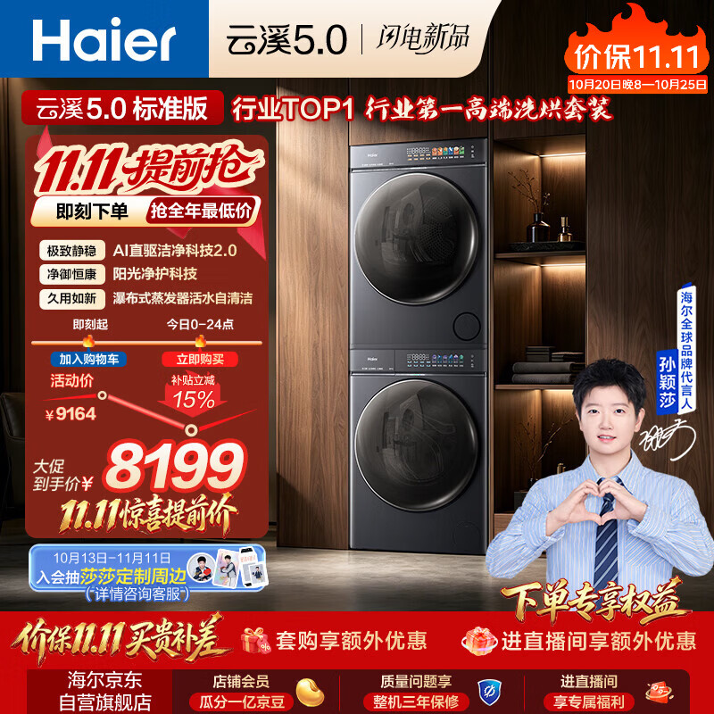 海尔（Haier）【莎莎同款】云溪5.0标准版洗烘套装 10KG全自动直驱滚筒洗衣机+双擎热泵烘干机 XQG100-BLE7AD1U1