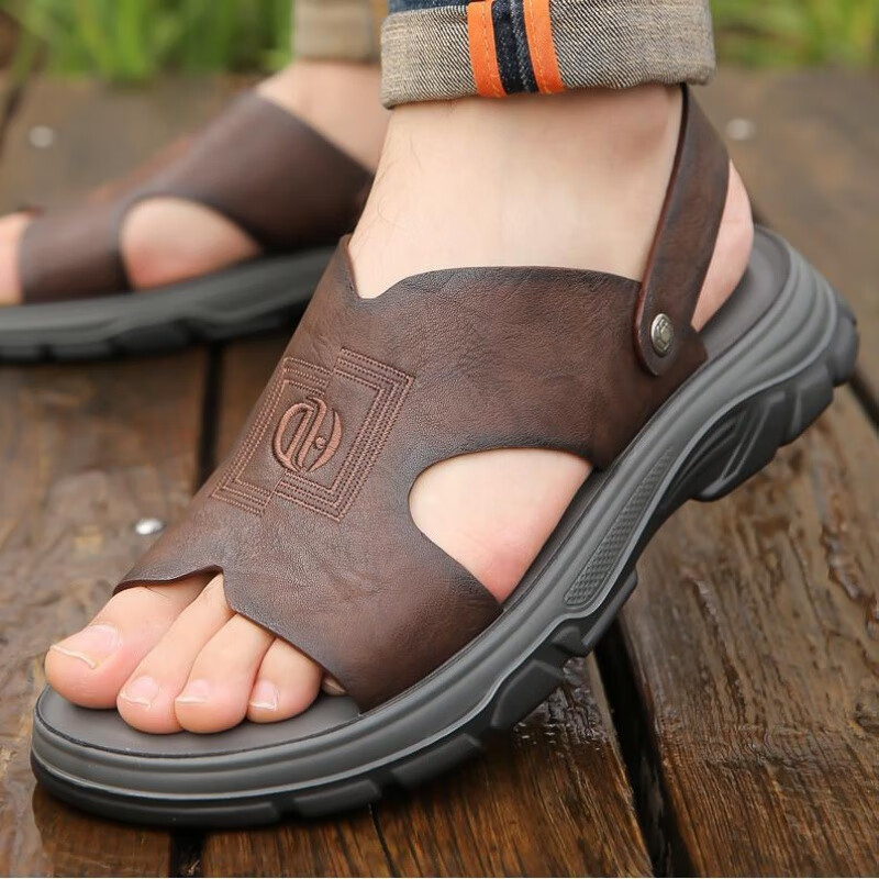 lmay约哈斯男士凉鞋耐磨飞行员沙滩鞋一鞋两穿加厚凉拖鞋 棕色 38