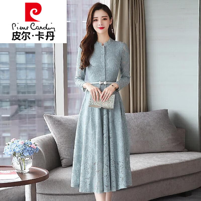 皮尔卡丹品牌高档女装长袖连衣裙春秋女装2022新款气质名媛高端小个子