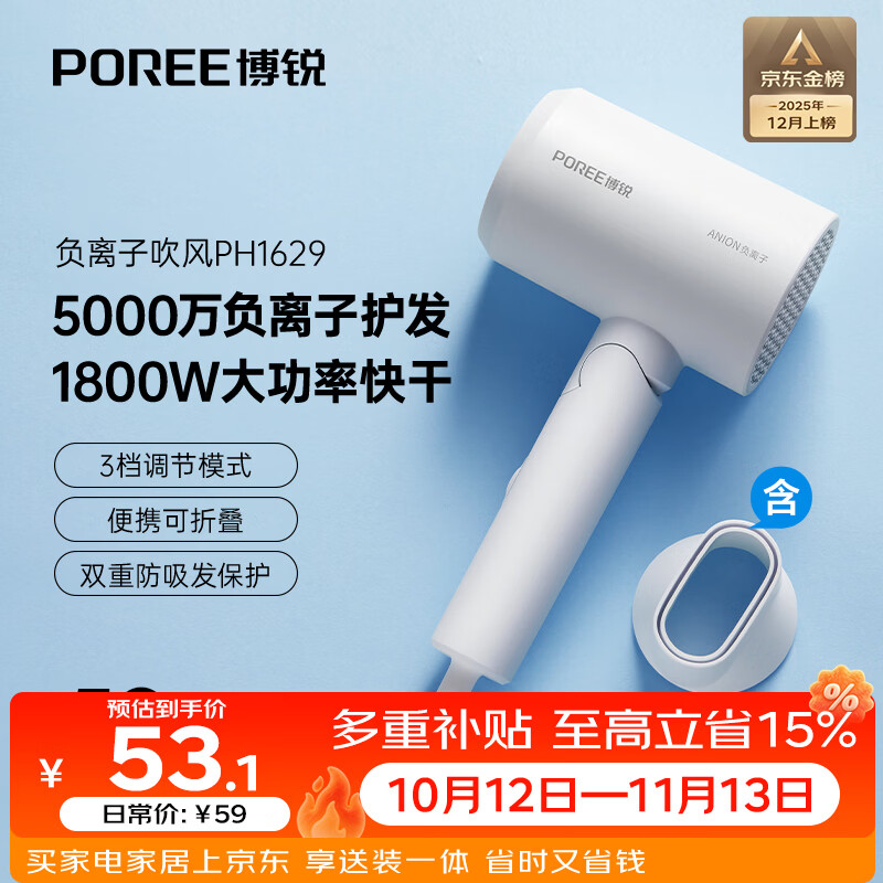 飞科（FLYCO）博锐电吹风机1800W大功率 负离子护发可折叠便携学生宿舍家用送女生礼物【爆款负离子】PH1629