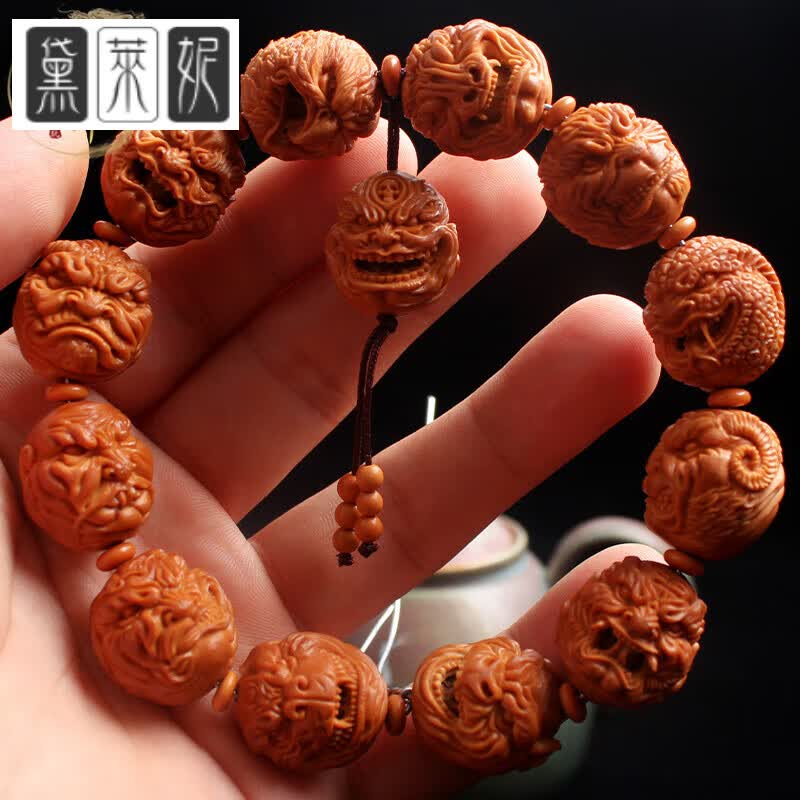 黛莱妮a精品橄榄核手串12生肖恶僧山鬼苏工核雕文玩手持把件男串珠